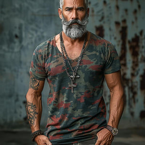 Men's Camouflage Print V-Neck Short Sleeve T-Shirt