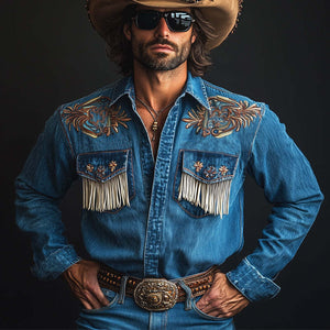 Dunkelblaues Vintage-Western-Jeanshemd mit bestickter Quaste für Herren