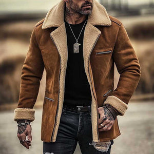 Herren Vintage Wildleder Shearling Reißverschlusstasche Fleece Wollpelz Reverse-Kragen Mittellanger Mantel
