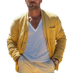 Lässiges Langarmhemd aus Baumwolle und Leinen für Herren in leuchtendem Gelb