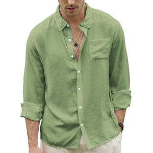 Men's Light Green Ice Silk Casual Skin-friendly Long-sleeved Shirt