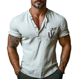 Men's Casual Pocket Print Henley Neck Short Sleeve T-Shirt