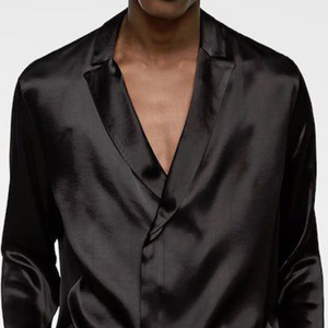 Men's Spring Fashion Deep V Neck Satin Casual Black Long Sleeve Shirt