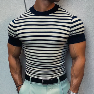 Men's Casual Round Neck Striped Knitted Loose Short Sleeve Sweater T-Shirt