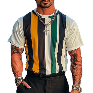 Men's Striped Printed Round Neck Short Sleeve T-Shirt