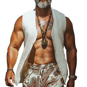 Men's White Textured Collarless Vest