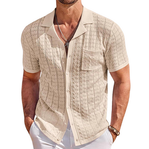 Men's Casual Lapel Hollow Jacquard Knitted Slim Fit Short Sleeve Cardigan