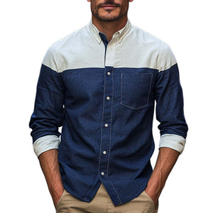 Men's Cotton And Linen Contrast Stitching Basic Long-Sleeved Shirt