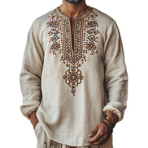 T-Shirt mit offenem Kragen und ethnischem Aufdruck für Herren