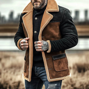 Herren Vintage Wildleder Farbblock Shearling Fleece Pelz Reverse Kragen Mittellanger Lagenmantel Jacke
