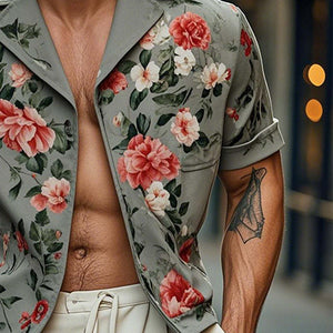 Men's Fashion Floral Print Short Sleeve Shirt Jacket