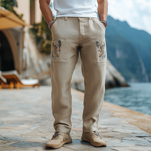 Herren Frühling und Sommer Retro Personalisierte Baumwolle und Leinen bestickte Freizeithose