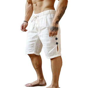 Einfarbige Shorts aus Baumwolle und Leinen mit Knöpfen für Herren