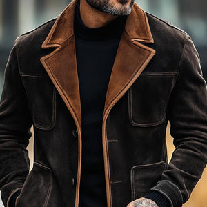 Men's Colorblock Suede Notch Lapel Multi-pocket Single Breasted Blazer Jacket
