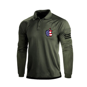 Poloshirt mit langen Ärmeln und Raglanärmeln mit Apfeldruck und USA-Flagge, 1/4-Knopf