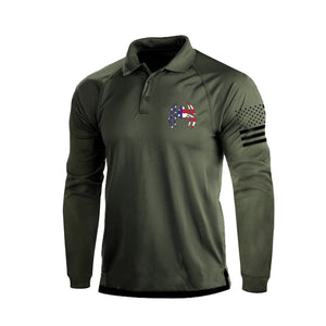 Poloshirt mit langen Ärmeln und Spinnenmuster-Aufdruck, USA-Flagge, 1/4-Knopf