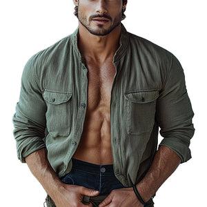 Men's Striped Textured Stand Collar Long Sleeve Shirt