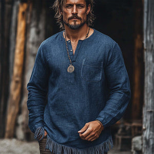 Herren Vintage Marineblaues, kleines V-Ausschnitt-T-Shirt aus Baumwolle und Leinen mit Quaste