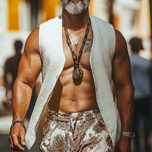 Men's White Textured Collarless Vest