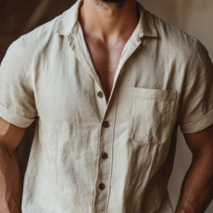 Men's Casual Linen Lapel Short Sleeve Shirt Elastic Waist Shorts Set