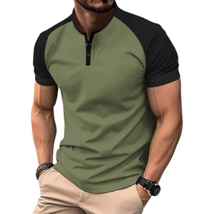 Men's Casual Cotton Contrast Color Henley Collar Raglan Slim Fit Short Sleeve T-Shirt