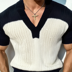 Men's Casual Contrast Color V-Neck Slim Fit Knitted Short Sleeve Sweater T-Shirt