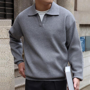 Men's Solid Color Lapel Long Sleeve Knit Polo Shirt