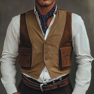 Men's Three-Button Brown Suede Colorblock Vest