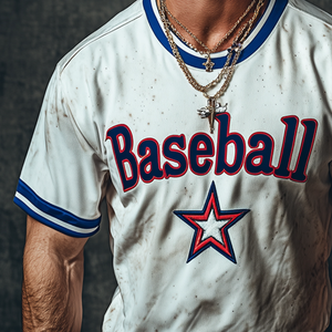 Men's Retro Casual Baseball Printed Round Neck Short Sleeve T-Shirt