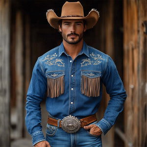Dunkelblaues Vintage-Western-Jeanshemd mit bestickter Quaste für Herren