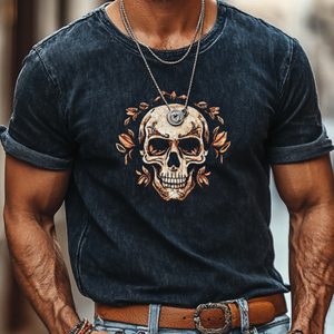Men's Retro Denim Washed Skull Print Round Neck Slim Fit Short Sleeve T-Shirt