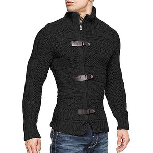 Men's Casual Stand Collar Zipper Cable Knitted Slim Cardigan