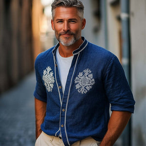 Men's Casual Navy Blue Cotton And Linen Vintage Embroidered Long-Sleeved Shirt
