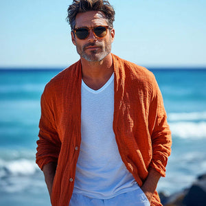 Men's Casual Skin-Friendly Orange Cotton And Linen Long-Sleeved Shirt