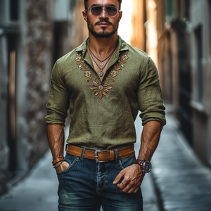 Men's Casual Linen Lapel Floral Embroidery Slim Fit Long Sleeve Shirt