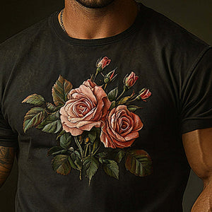 Men's Vintage Distressed Rose Embroidered Short-Sleeved T-Shirt