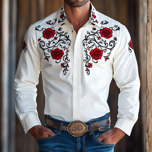 Men's Vintage Embroidered Lapel Long Sleeve Shirt