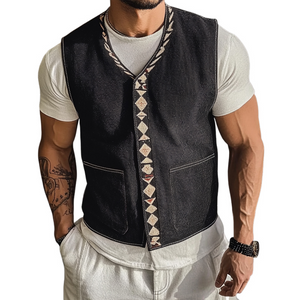 Men's V Neck Embroidered Denim Vest
