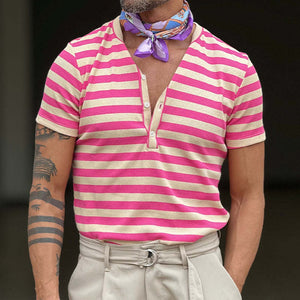 Men's Casual Striped Henley Neck Short Sleeve T-Shirt