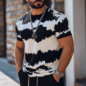Men's Casual Contrast Color Jacquard Round Neck Slim Fit Knitted Short Sleeve Sweater T-Shirt