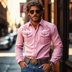 Besticktes Langarmhemd im amerikanischen Retro-Western-Stil für Herren