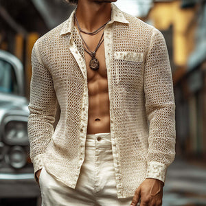 Men's Retro Casual Irregular Mesh Fabric Lapel Long Sleeve Shirt