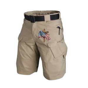 Taktische Cargo-Shorts mit USA-Flagge, mehrere Taschen, 27,9 cm Innennaht, ohne Gürtelschnalle