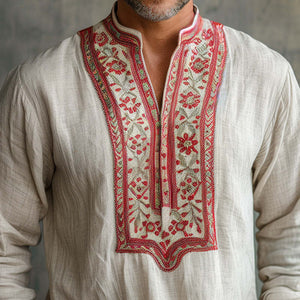 Men's Casual Embroidered Long Sleeve Open Collar Shirt