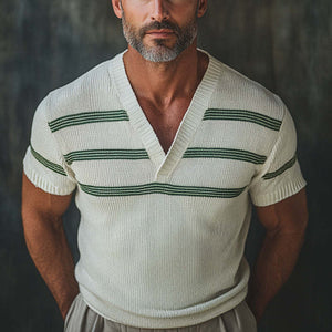 Herren Retro V-Ausschnitt Strick Kurzarm T-Shirt