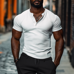 Men's Casual Cotton Elastic Rib Henley Collar Slim Fit Short Sleeve T-Shirt