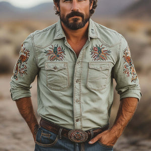 Lässiges Langarmhemd mit besticktem Revers für Herren