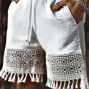 Herren-Patchwork-Shorts aus Baumwolle und Leinen mit Spitze