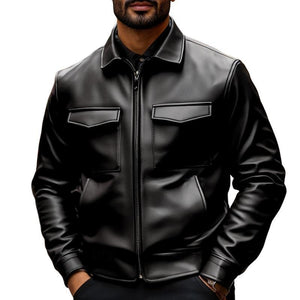 Men's Vintage Lapel Double Chest Pocket Leather Jacket