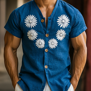 Men's Casual Cotton Linen V-Neck Single-Breasted Slim Fit Short Sleeve Shirt